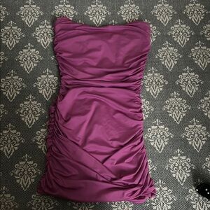 Lucy in the Sky Purple Ruched Strapless Bodycon Mini Dress